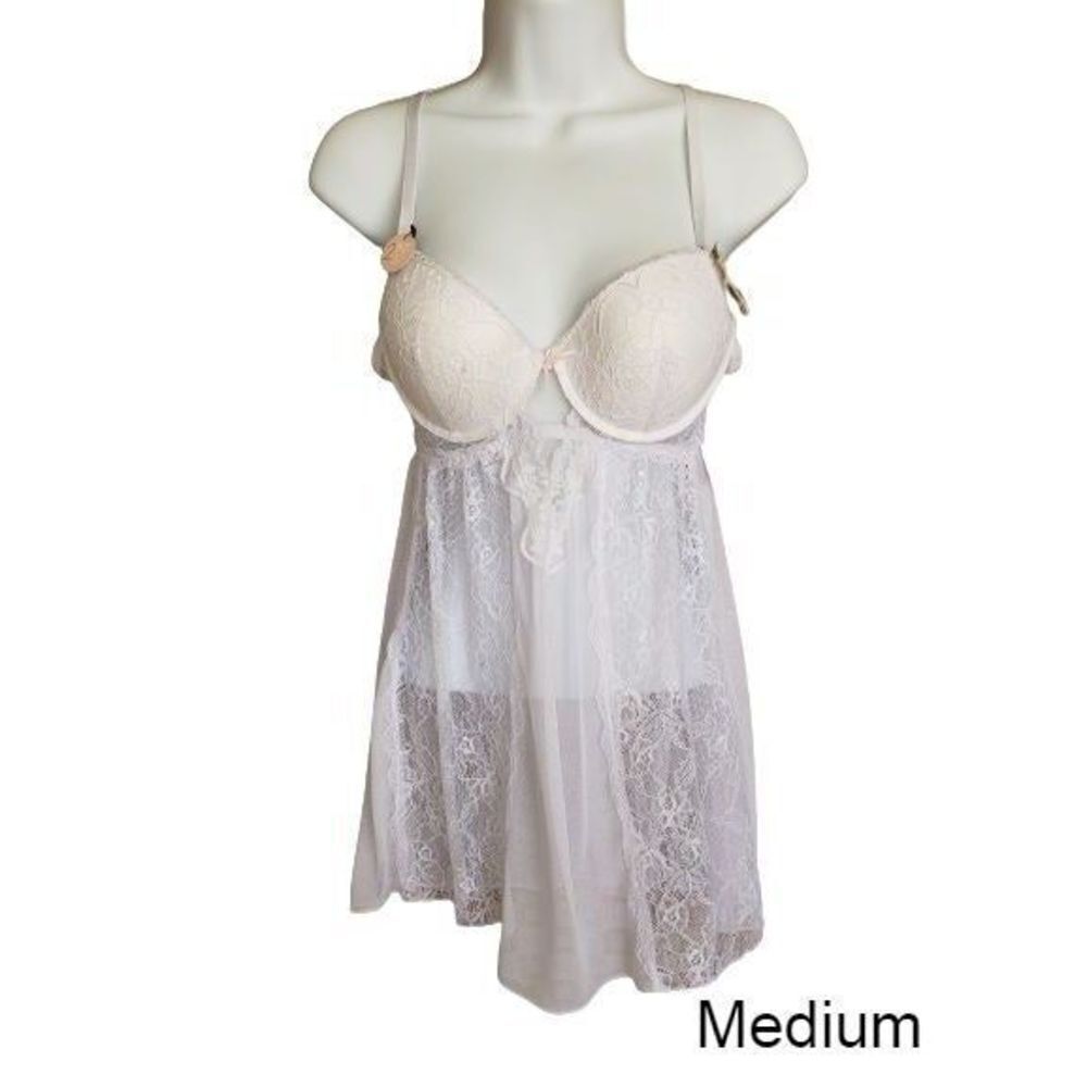 Women's Sexy Lace Lingerie 2- piece White Babydoll Sleepwear Medium NWT